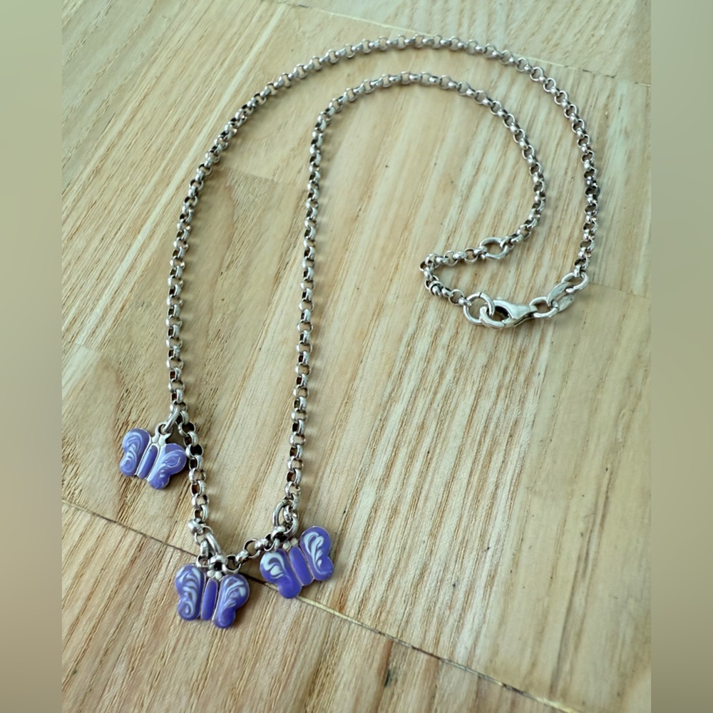 925 Sterling silver rolo link chain purple enamel butterflies necklace